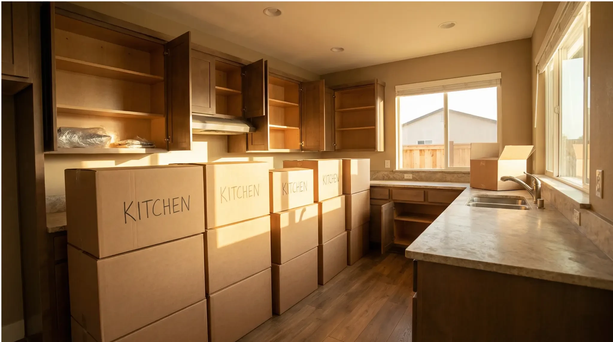 Kitchen with open cabinets and packed labeled boxes