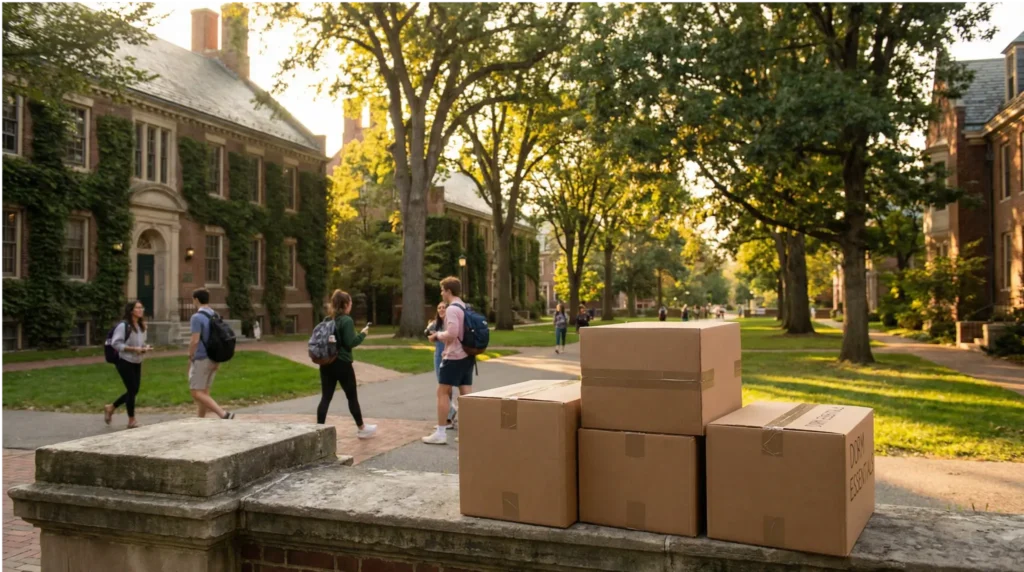 Closed boxed with school in the background