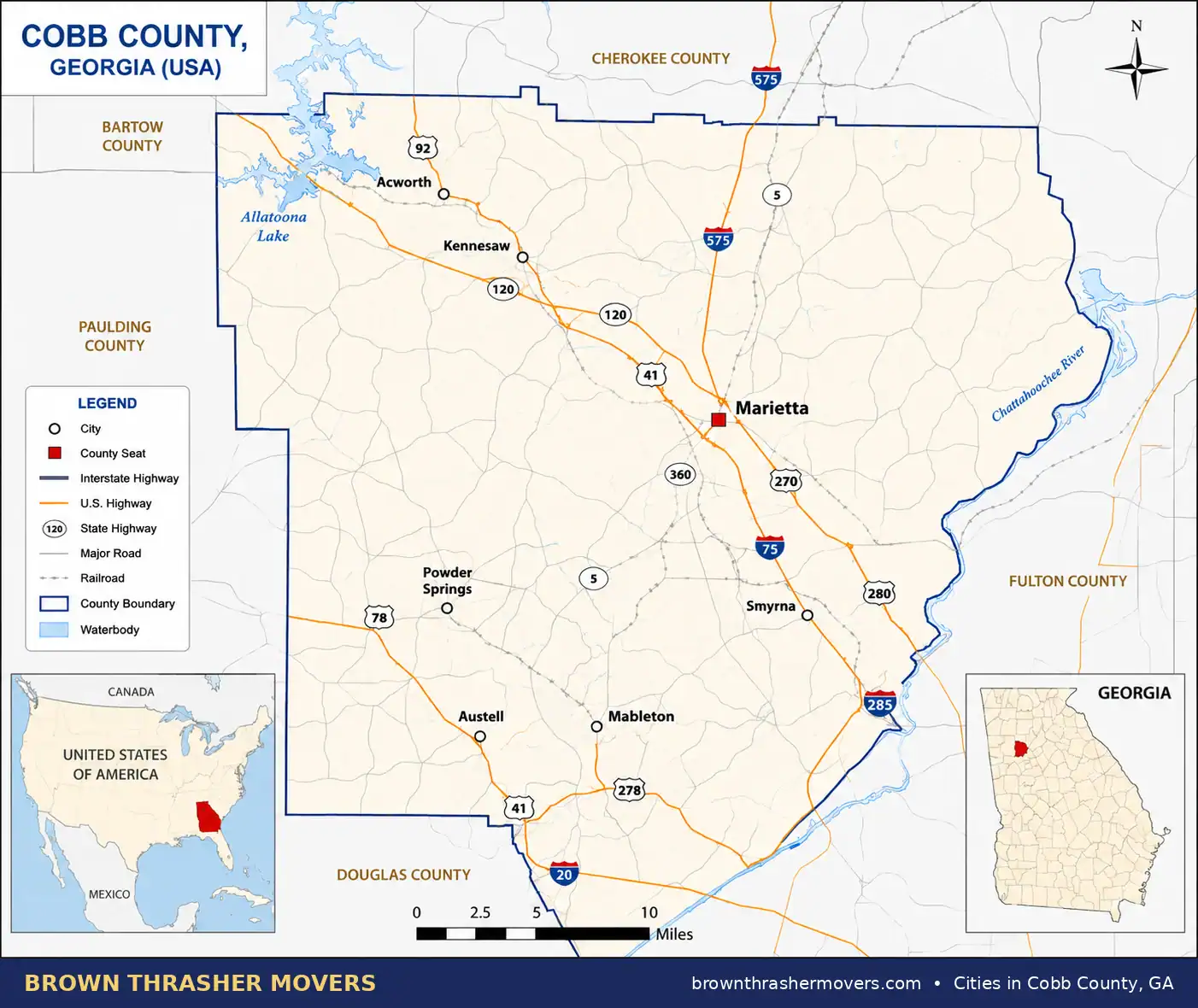 Map of cities in Cobb County GA showing Mableton, Marietta, Smyrna, Kennesaw, Acworth, Powder Springs, Austell, I-75 and I-285