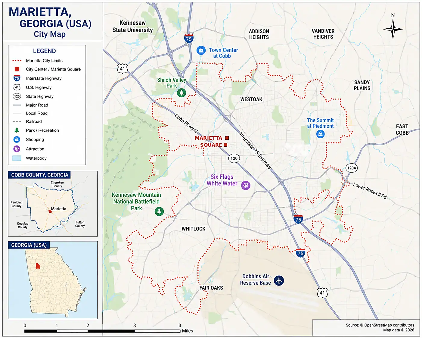 Marietta GA on the map in Cobb County, northwest of downtown Atlanta along I-75