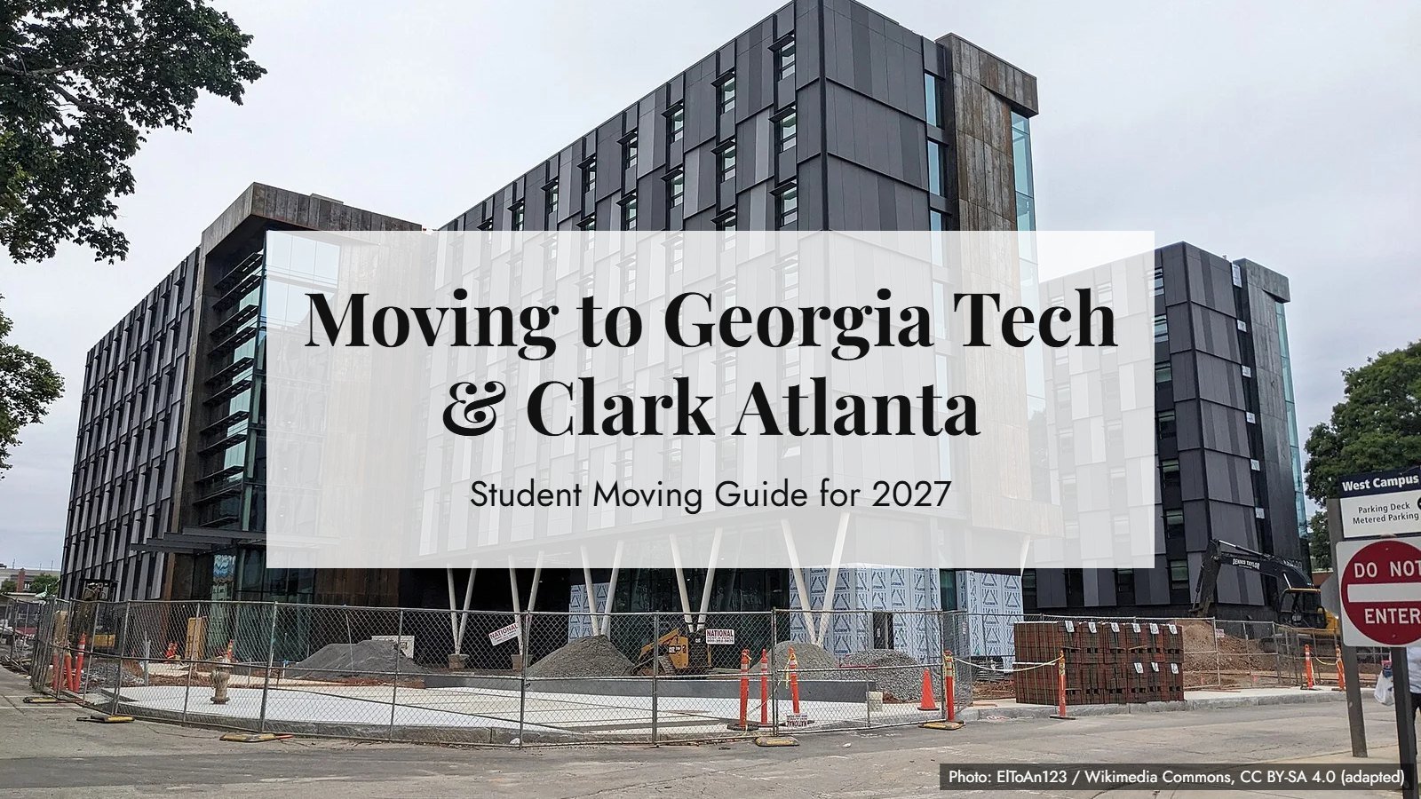Moving to Georgia Tech & Clark Atlanta: Student Moving Guide for 2027, over a photo of the new Peterson Residence Hall